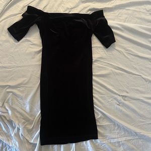Black bodycon, off the shoulder, velvet dress.